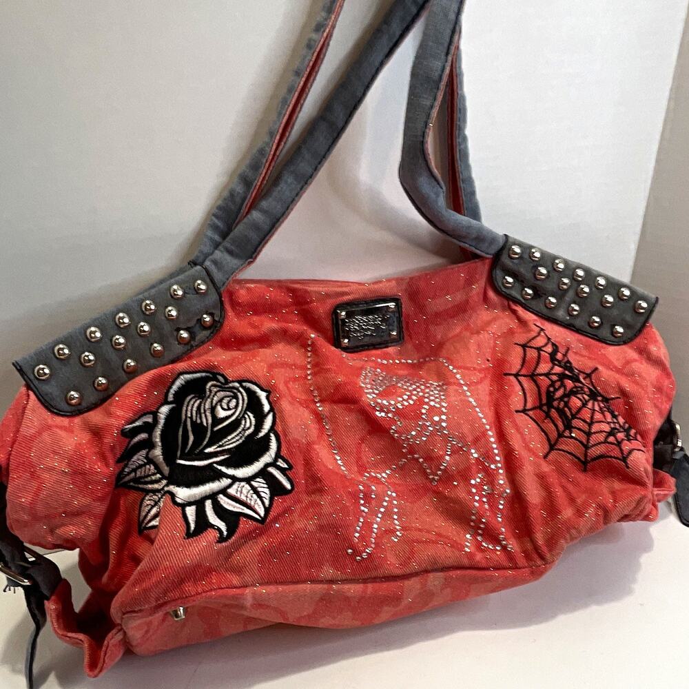 Ed Hardy Red Shoulder Bag Studded Rhinestone Embroidered Spider Rose Y2K